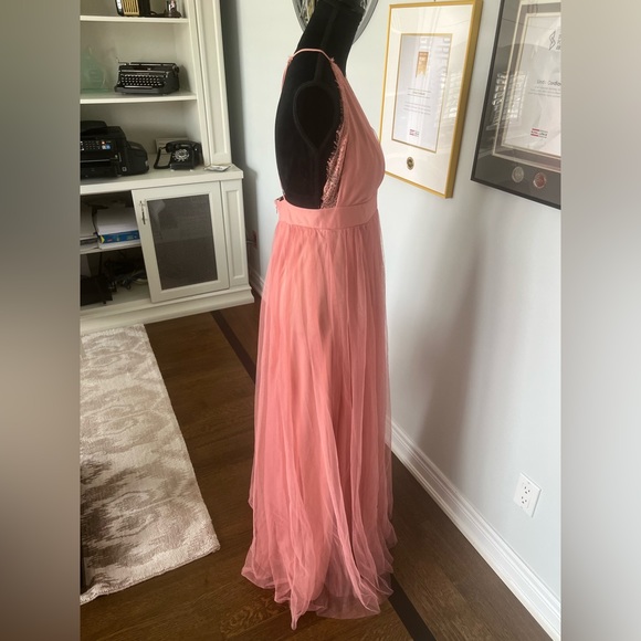 LUXXEL Elegant BARBIE pink V-neck Tulle Slit Maxi Dress Size Medium - Picture 7 of 14